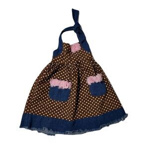GREGGY Girl Polka Dot Halter Dress Size 2T Brown Pink Flowers Frayed Denim